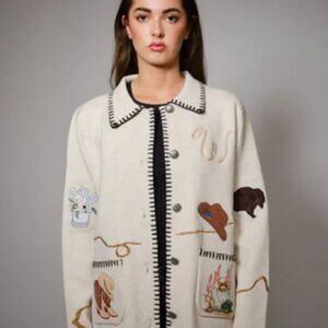 Contrast Border Patchwork Knit Cardigan with Embroidery NEW